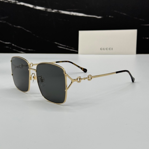 NEW GUCCI WOMEN SQUARE METAL AUTHENTIC GUCCI SUNGLASSES GOLD GRAY GUCCI EYEWEAR - Picture 1 of 12